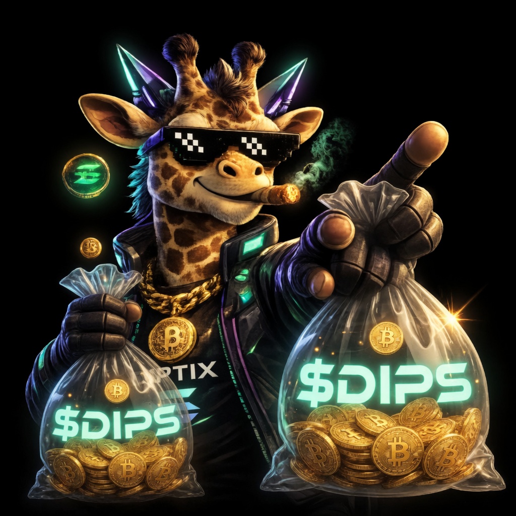 DipTix mascot holding a bag of $DIPS tokens